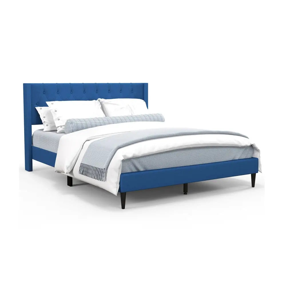 Queen Size Upholstered Platform Bed with Button Tufted Wingback Headboard-Blue - Blue - Simple Bed Frame