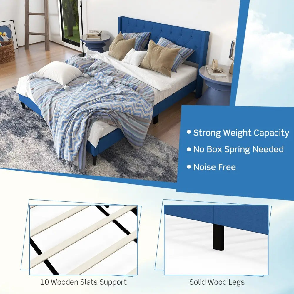 Queen Size Upholstered Platform Bed with Button Tufted Wingback Headboard-Blue - Blue - Simple Bed Frame