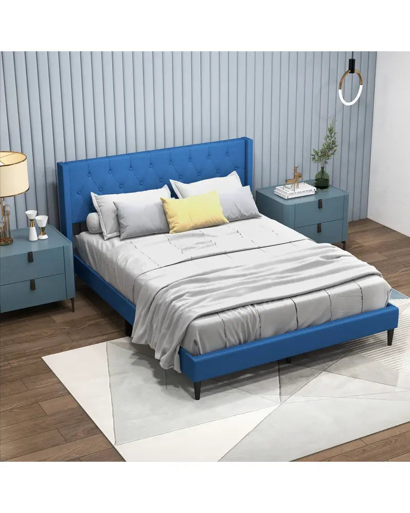 Queen Size Upholstered Platform Bed with Button Tufted Wingback Headboard-Blue - Blue - Simple Bed Frame