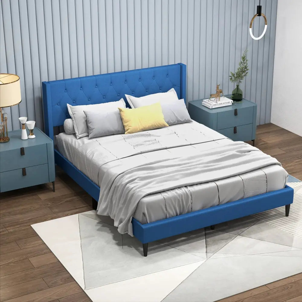 Queen Size Upholstered Platform Bed with Button Tufted Wingback Headboard-Blue - Blue - Simple Bed Frame