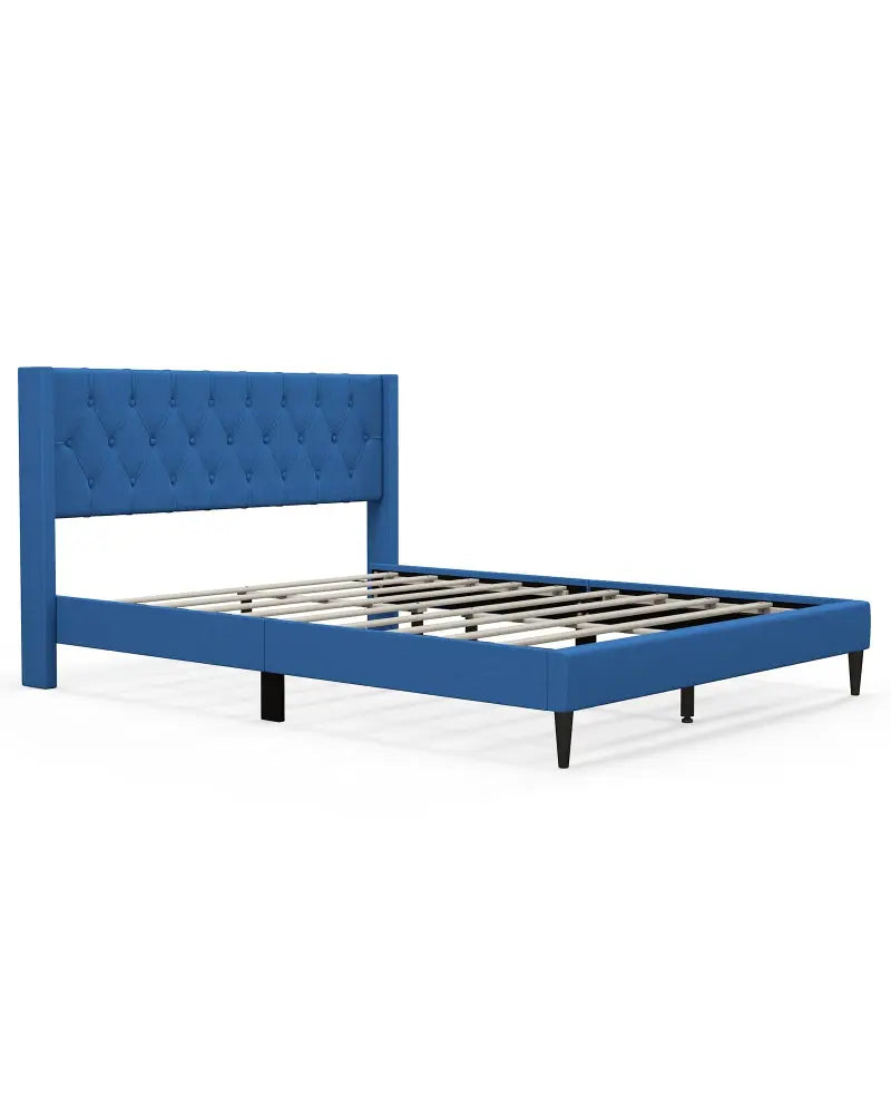 Queen Size Upholstered Platform Bed with Button Tufted Wingback Headboard-Blue - Blue - Simple Bed Frame