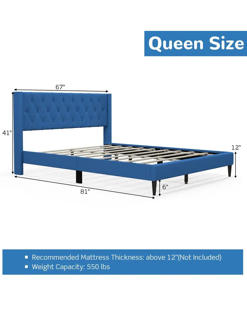 Queen Size Upholstered Platform Bed with Button Tufted Wingback Headboard-Blue - Blue - Simple Bed Frame