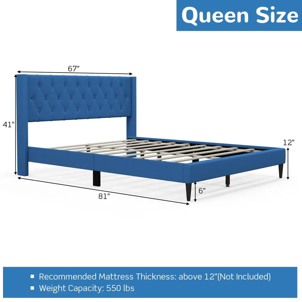 Queen Size Upholstered Platform Bed with Button Tufted Wingback Headboard-Blue - Blue - Simple Bed Frame