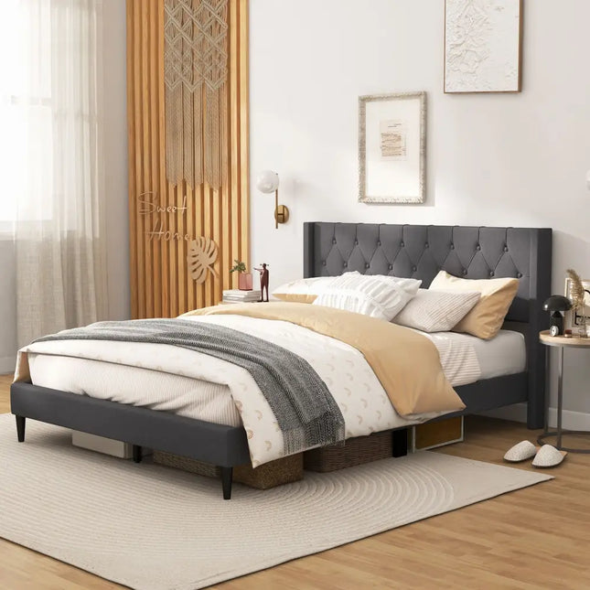 Queen Size Upholstered Platform Bed with Button Tufted Wingback Headboard-Gray - Gray - Simple Bed Frame