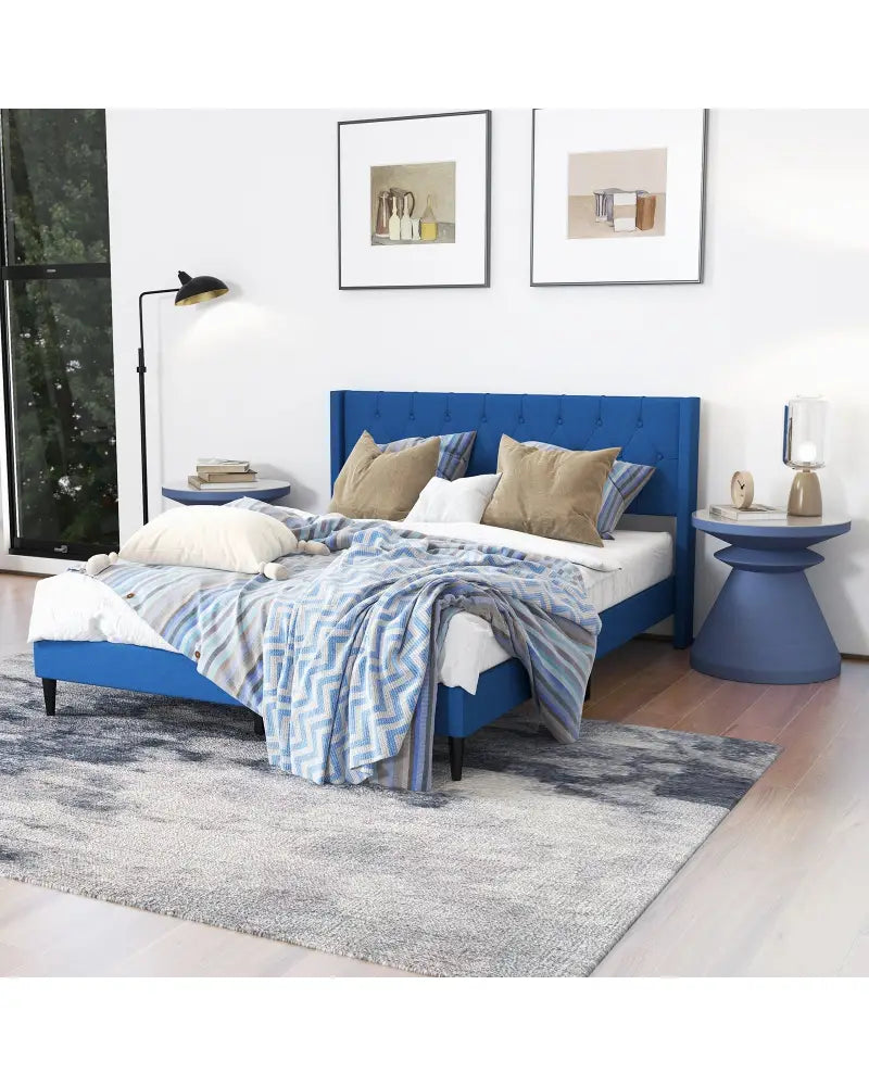 Queen Size Upholstered Platform Bed with Button Tufted Wingback Headboard-Blue - Blue - Simple Bed Frame