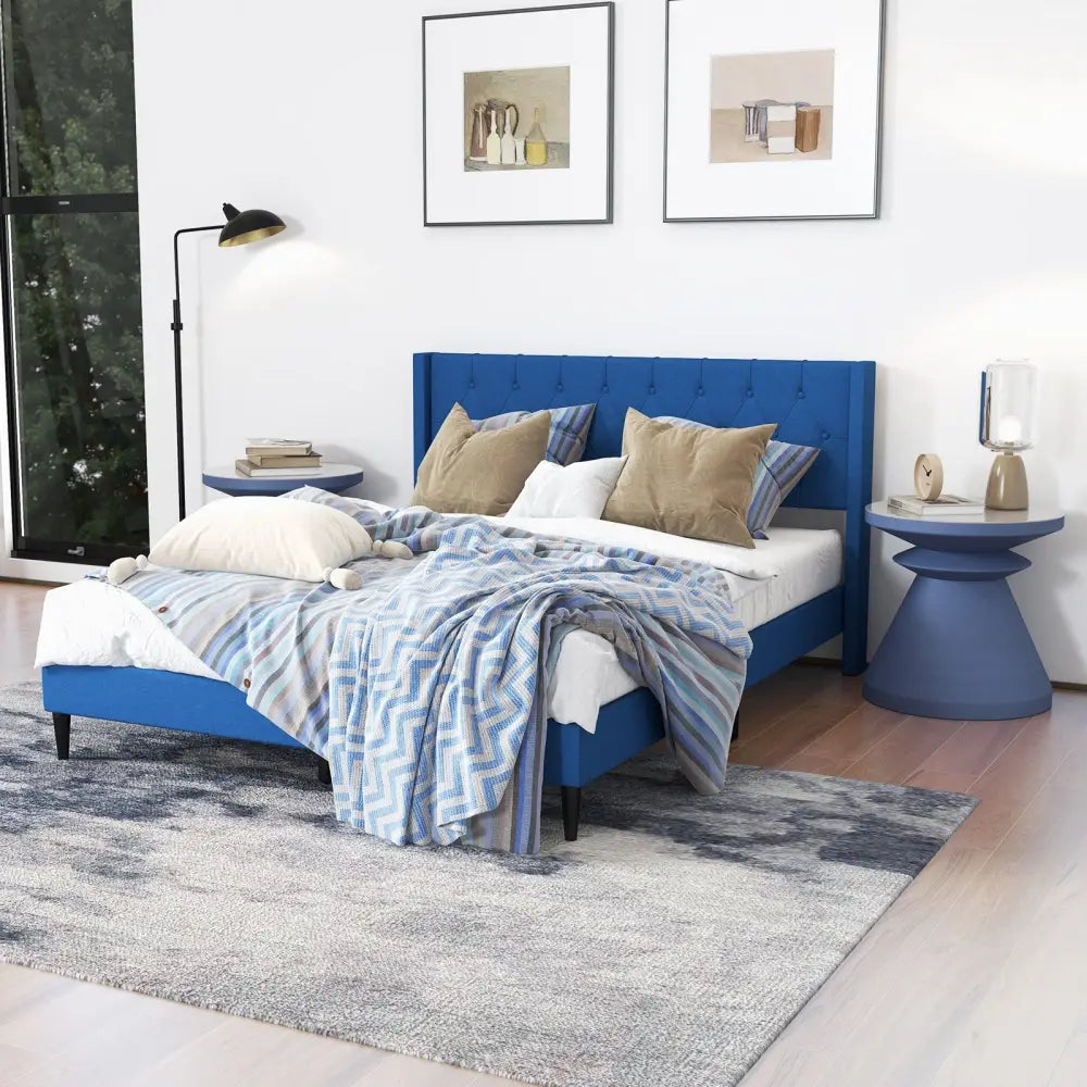 Queen Size Upholstered Platform Bed with Button Tufted Wingback Headboard-Blue - Blue - Simple Bed Frame