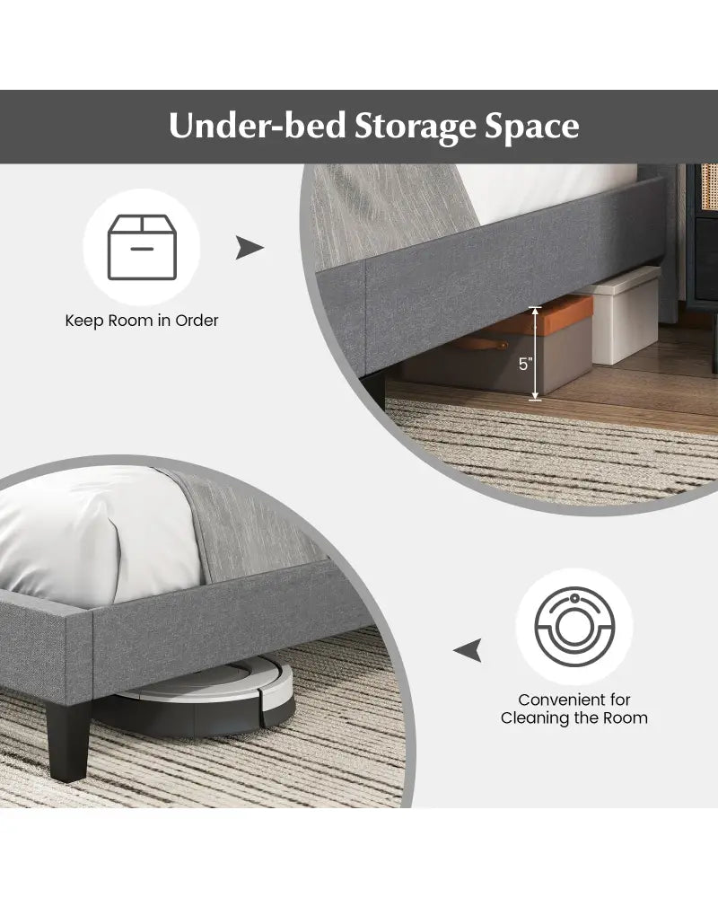 Queen Size Upholstered Platform Bed with Square Stitched Headboard - Simple Bed Frame