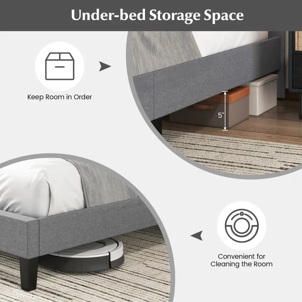 Queen Size Upholstered Platform Bed with Square Stitched Headboard - Simple Bed Frame