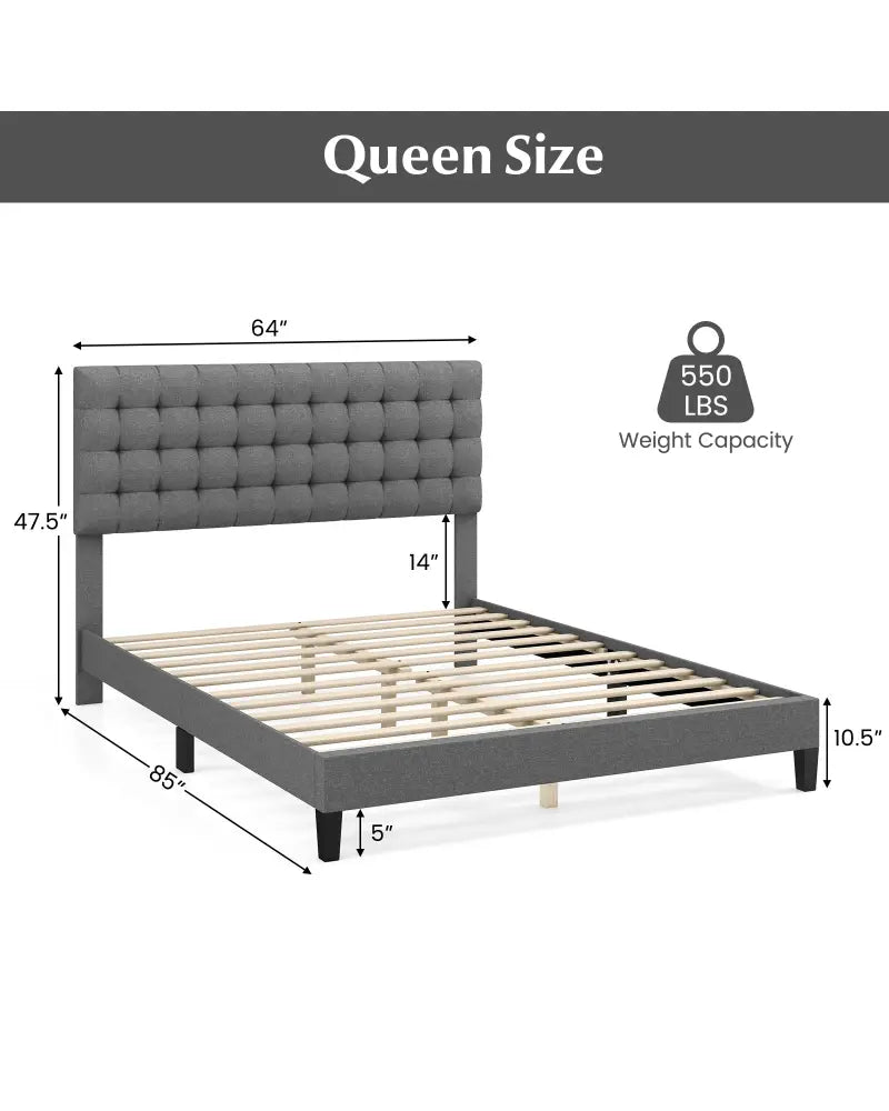Queen Size Upholstered Platform Bed with Square Stitched Headboard - Simple Bed Frame