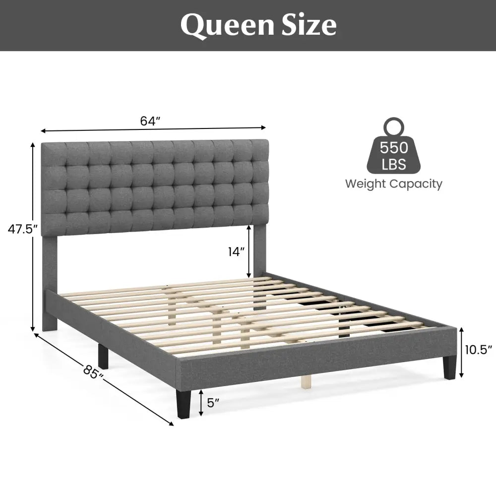 Queen Size Upholstered Platform Bed with Square Stitched Headboard - Simple Bed Frame
