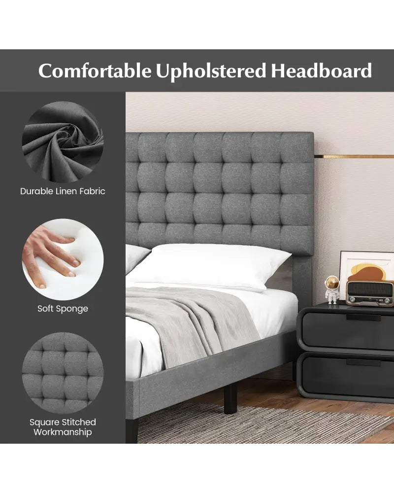 Queen Size Upholstered Platform Bed with Square Stitched Headboard - Simple Bed Frame