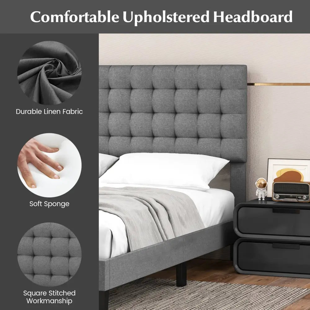 Queen Size Upholstered Platform Bed with Square Stitched Headboard - Simple Bed Frame