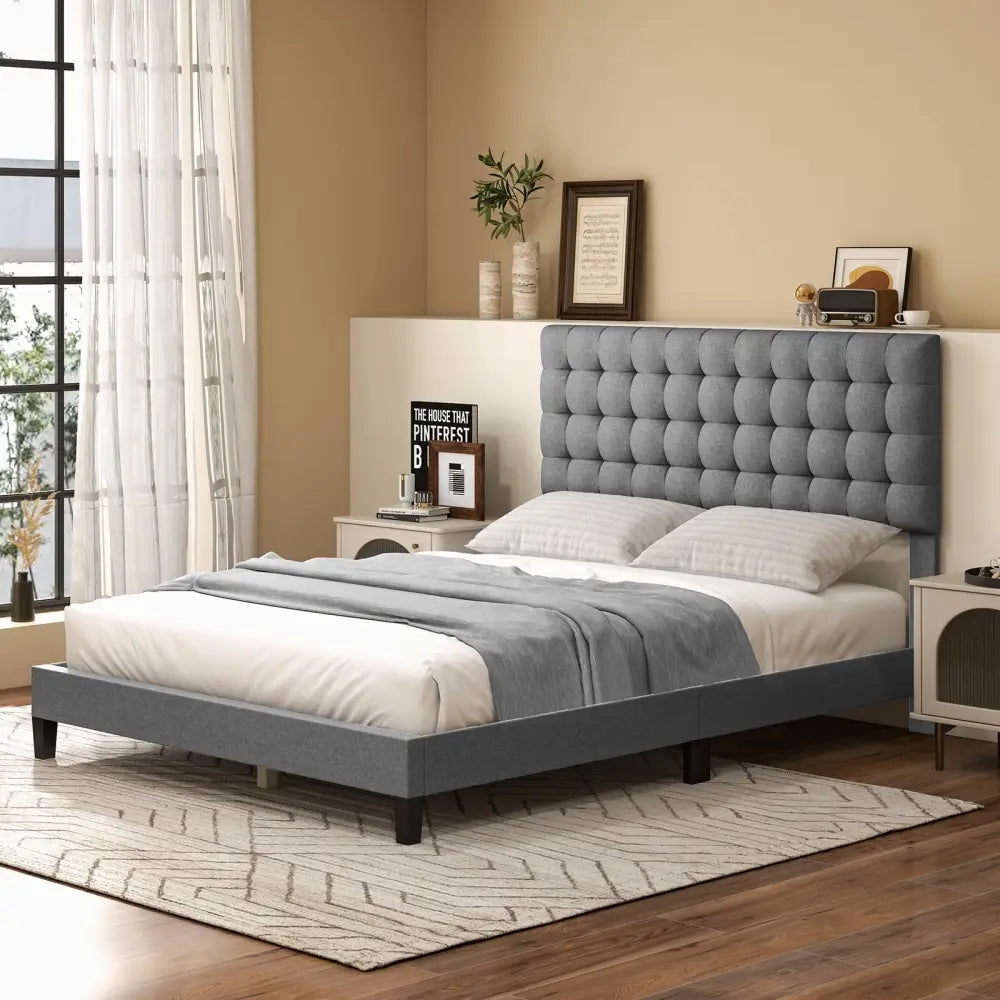 Queen Size Upholstered Platform Bed with Square Stitched Headboard - Simple Bed Frame