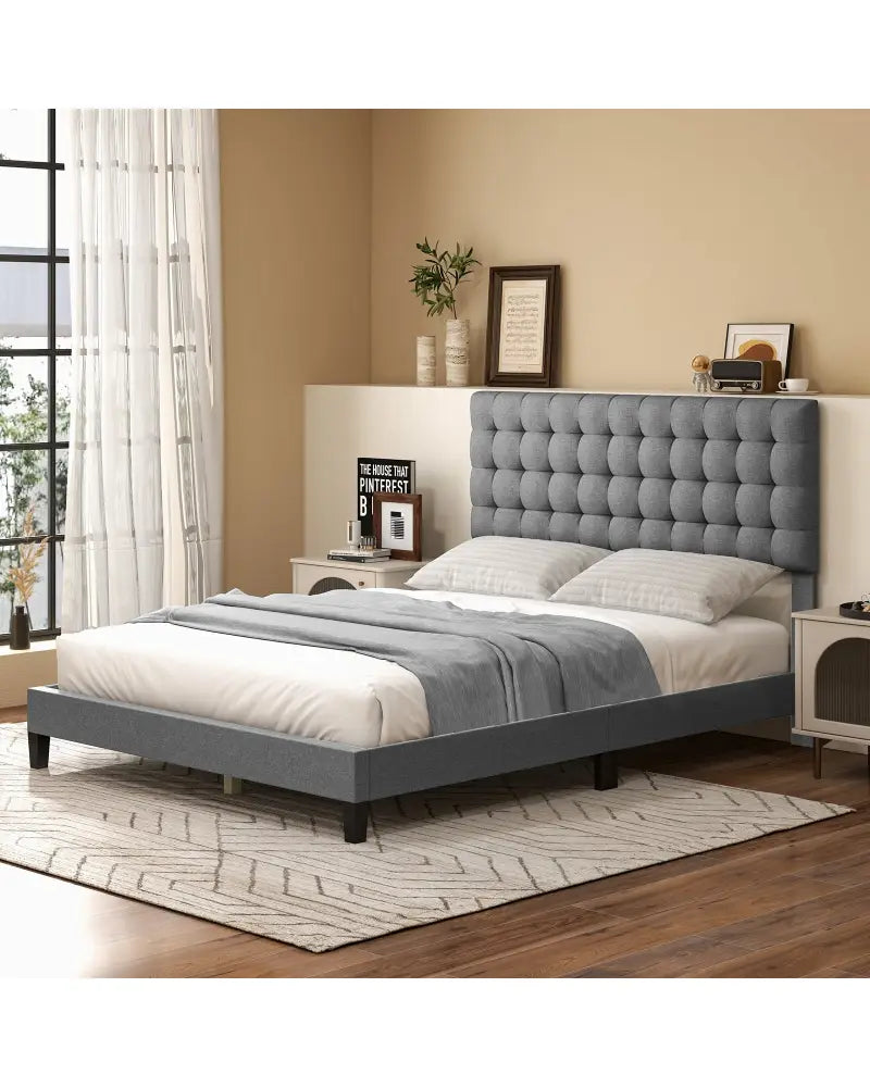 Queen Size Upholstered Platform Bed with Square Stitched Headboard - Simple Bed Frame