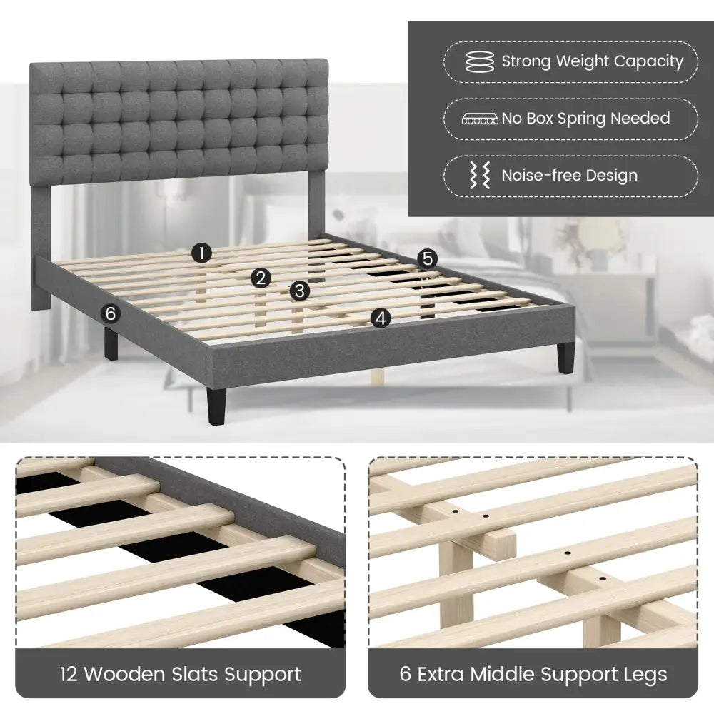 Queen Size Upholstered Platform Bed with Square Stitched Headboard - Simple Bed Frame