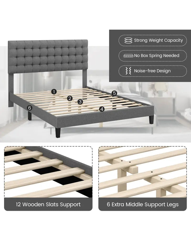 Queen Size Upholstered Platform Bed with Square Stitched Headboard - Simple Bed Frame