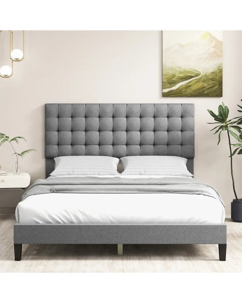 Queen Size Upholstered Platform Bed with Square Stitched Headboard - Simple Bed Frame