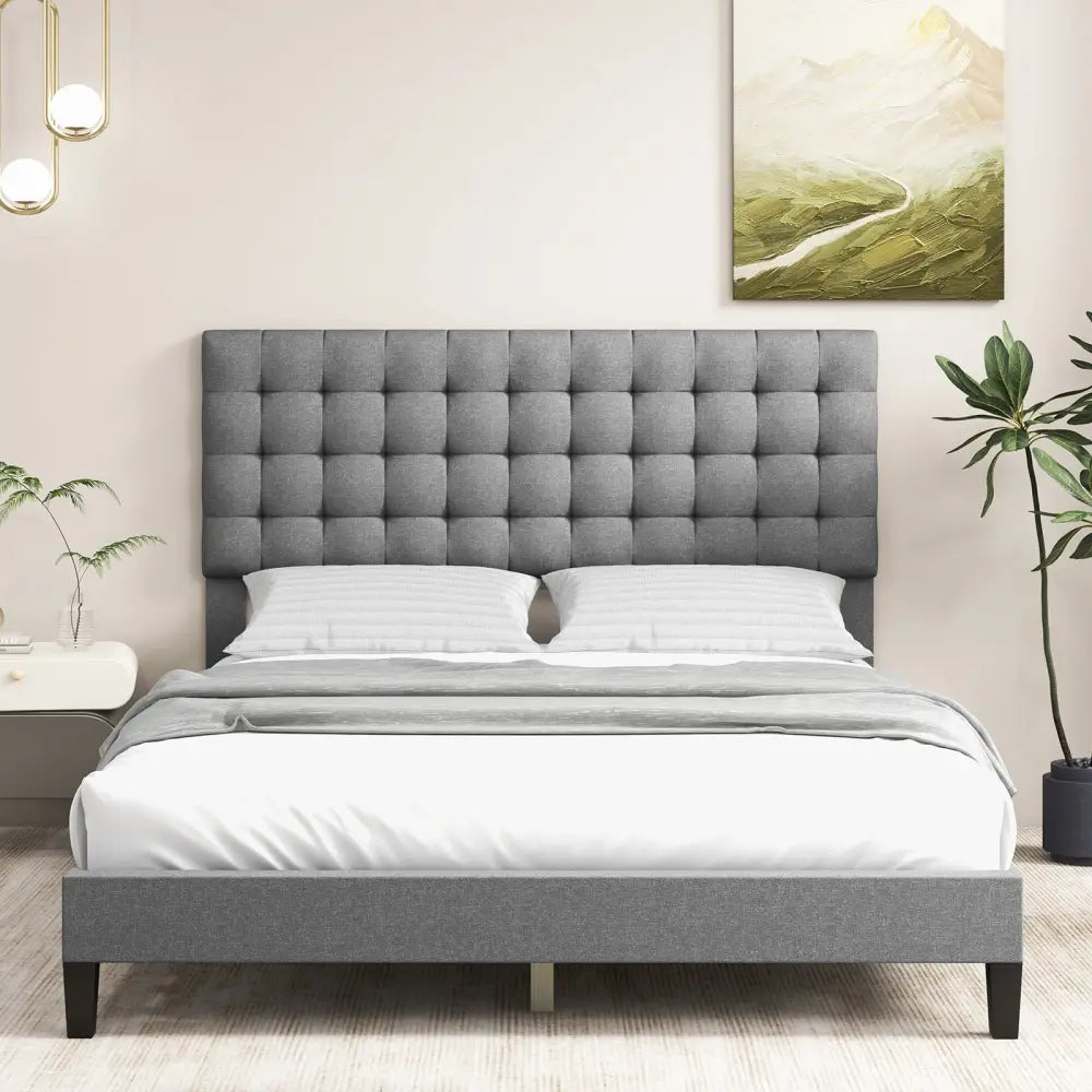 Queen Size Upholstered Platform Bed with Square Stitched Headboard - Simple Bed Frame