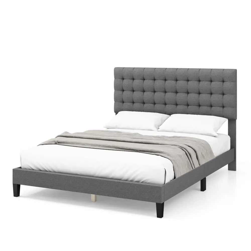 Queen Size Upholstered Platform Bed with Square Stitched Headboard - Simple Bed Frame