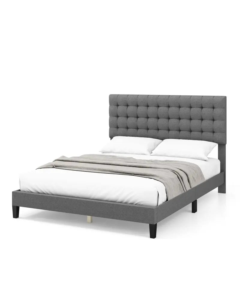 Queen Size Upholstered Platform Bed with Square Stitched Headboard - Simple Bed Frame