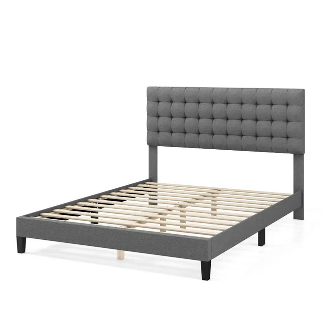 Queen Size Upholstered Platform Bed with Square Stitched Headboard - Simple Bed Frame