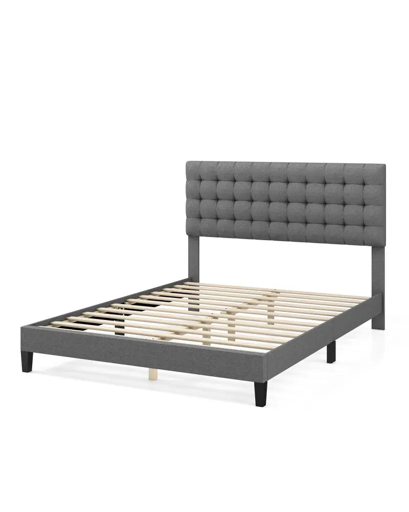Queen Size Upholstered Platform Bed with Square Stitched Headboard - Simple Bed Frame