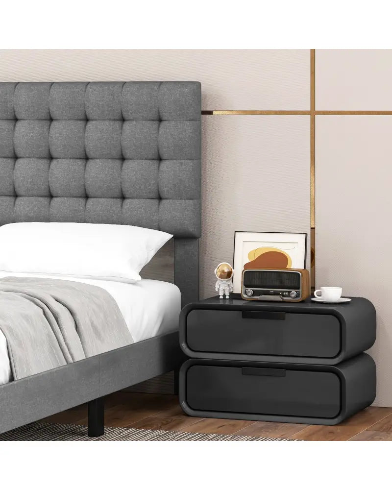Queen Size Upholstered Platform Bed with Square Stitched Headboard - Simple Bed Frame