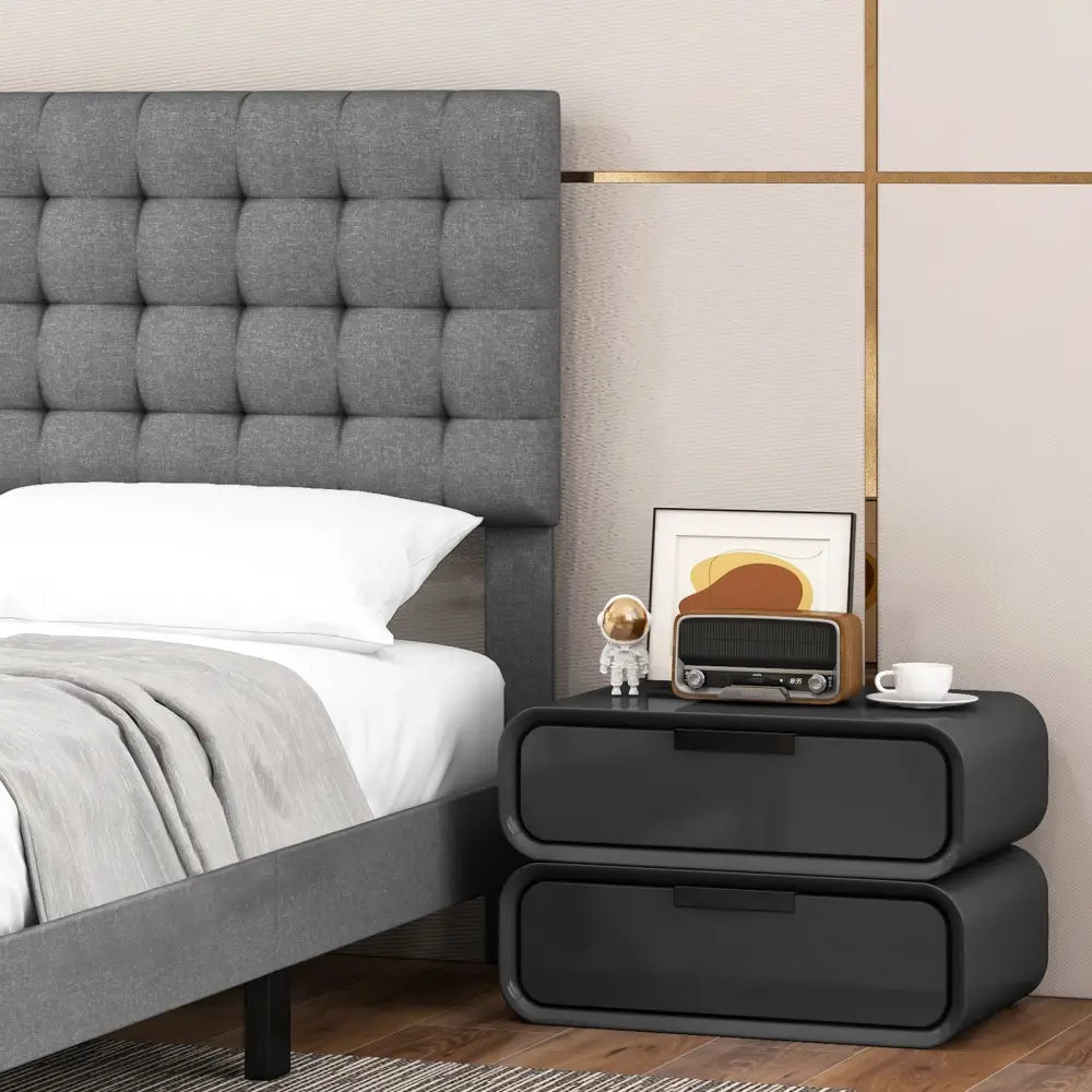 Queen Size Upholstered Platform Bed with Square Stitched Headboard - Simple Bed Frame