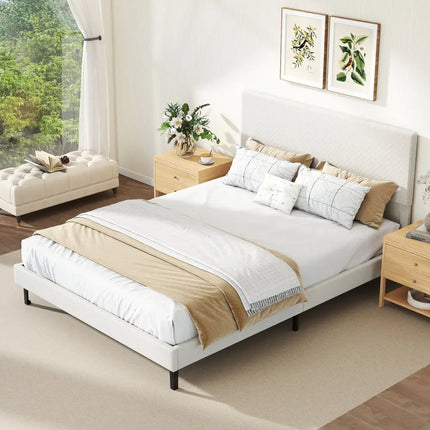 Queen Size Velvet Bed Frame Upholstered Platform Bed with Chevron Headboard Beige - Simple Bed Frame