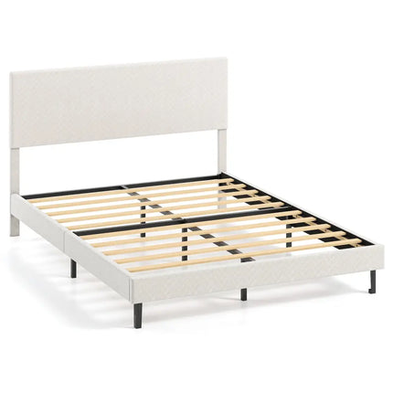 Queen Size Velvet Bed Frame Upholstered Platform Bed with Chevron Headboard Beige - Simple Bed Frame
