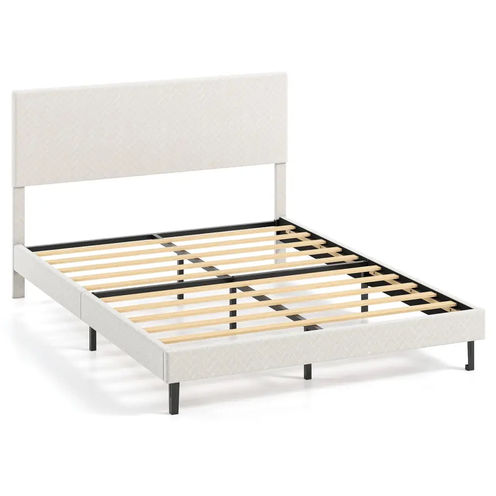 Queen Size Velvet Bed Frame Upholstered Platform Bed with Chevron Headboard Beige - Simple Bed Frame