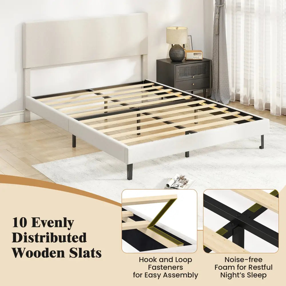 Queen Size Velvet Bed Frame Upholstered Platform Bed with Chevron Headboard Beige - Simple Bed Frame