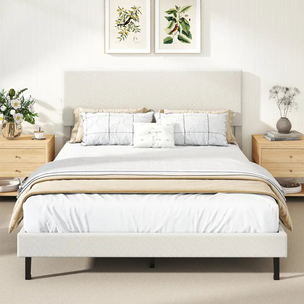 Queen Size Velvet Bed Frame Upholstered Platform Bed with Chevron Headboard Beige - Simple Bed Frame