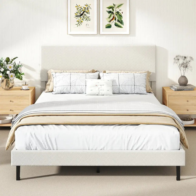 Queen Size Velvet Bed Frame Upholstered Platform Bed with Chevron Headboard Beige - Simple Bed Frame