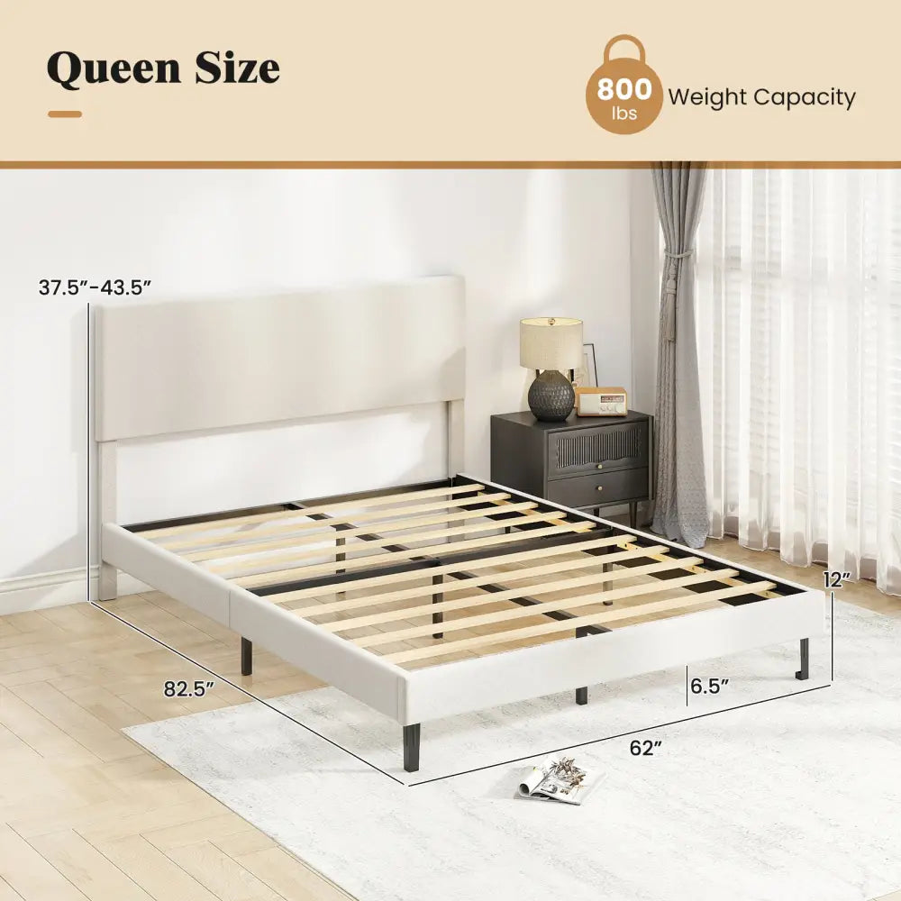 Queen Size Velvet Bed Frame Upholstered Platform Bed with Chevron Headboard Beige - Simple Bed Frame