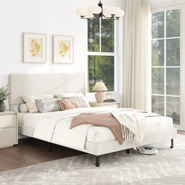 Queen Size Velvet Bed Frame Upholstered Platform Bed with Chevron Headboard Beige - Simple Bed Frame