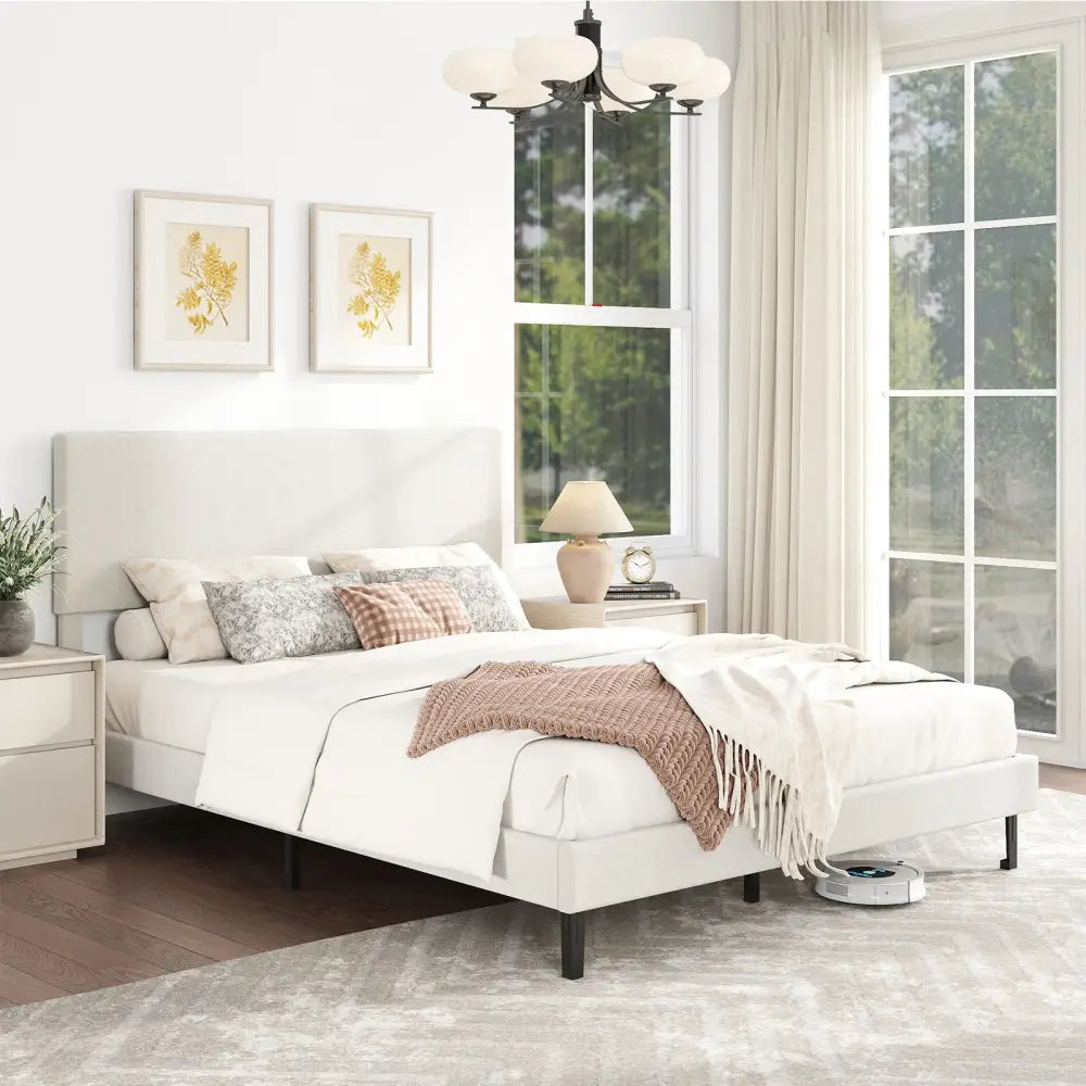 Queen Size Velvet Bed Frame Upholstered Platform Bed with Chevron Headboard Beige - Simple Bed Frame