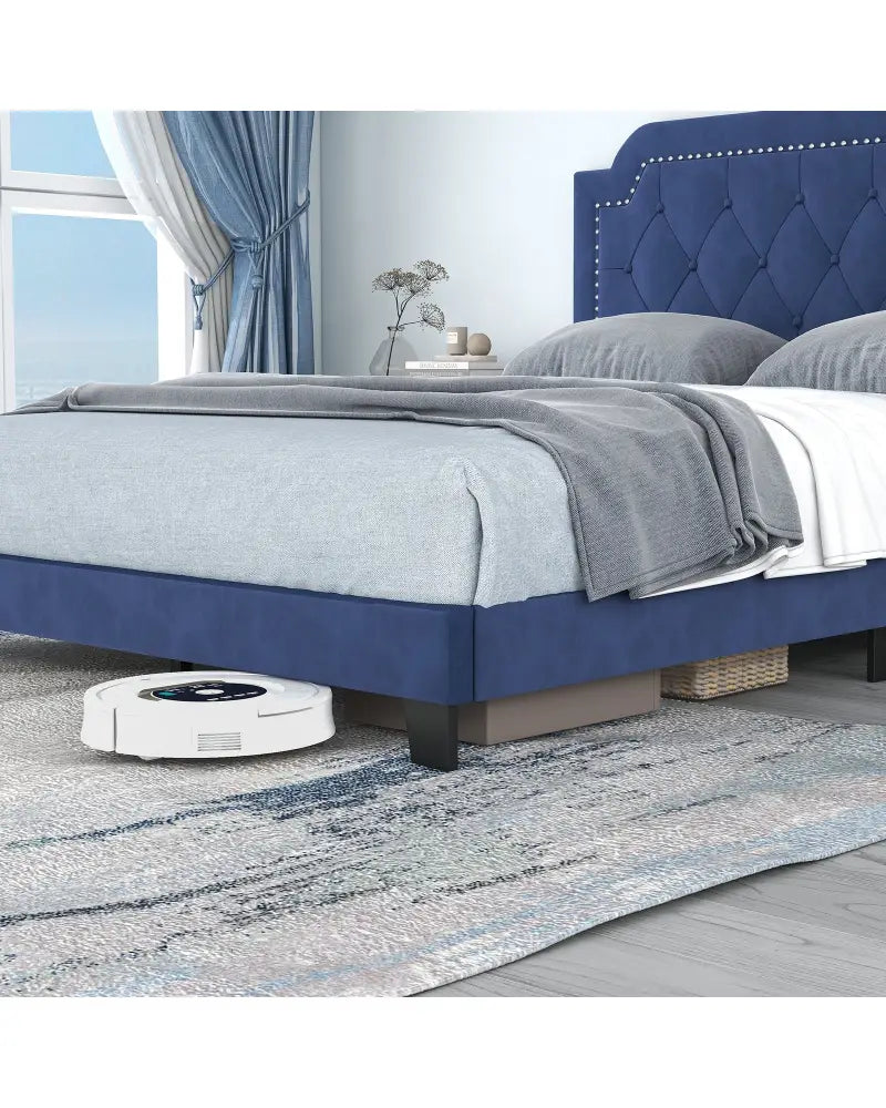 Queen Size Velvet Bed Frame with Button Tufted and Nailhead Trim Headboard-Queen Size - Blue - Simple Bed Frame