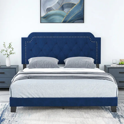 Queen Size Velvet Bed Frame with Button Tufted and Nailhead Trim Headboard-Queen Size - Blue - Simple Bed Frame