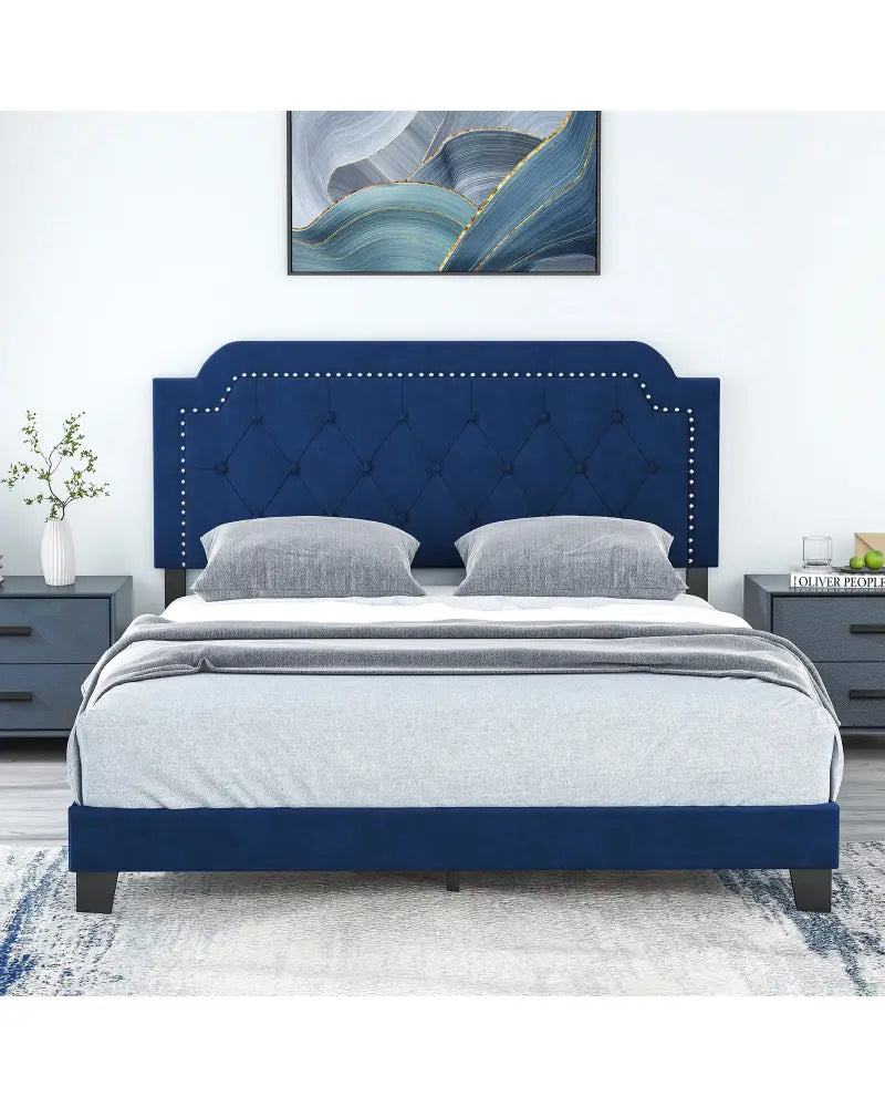 Queen Size Velvet Bed Frame with Button Tufted and Nailhead Trim Headboard-Queen Size - Blue - Simple Bed Frame