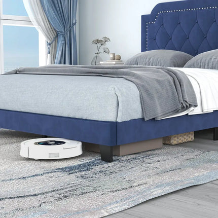 Queen Size Velvet Bed Frame with Button Tufted and Nailhead Trim Headboard-Queen Size - Blue - Simple Bed Frame