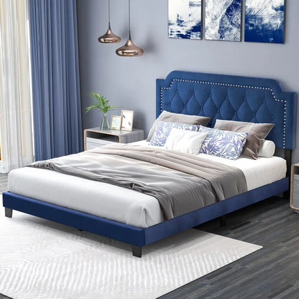 Queen Size Velvet Bed Frame with Button Tufted and Nailhead Trim Headboard-Queen Size - Blue - Simple Bed Frame
