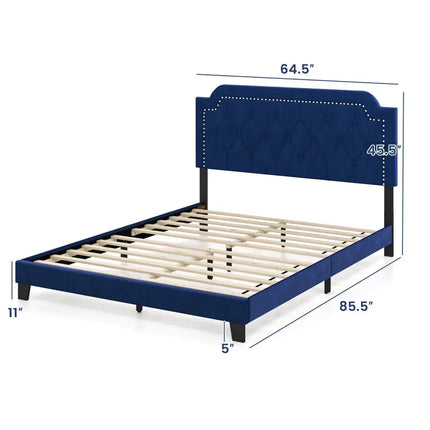 Queen Size Velvet Bed Frame with Button Tufted and Nailhead Trim Headboard-Queen Size - Blue - Simple Bed Frame