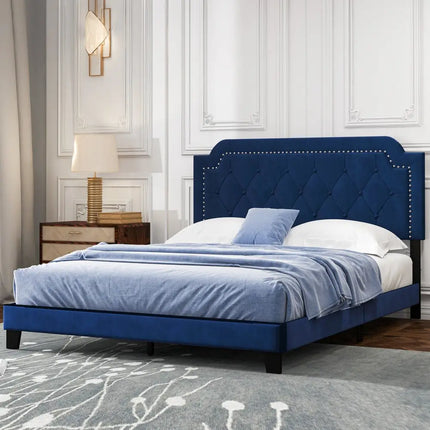 Queen Size Velvet Bed Frame with Button Tufted and Nailhead Trim Headboard-Queen Size - Blue - Simple Bed Frame