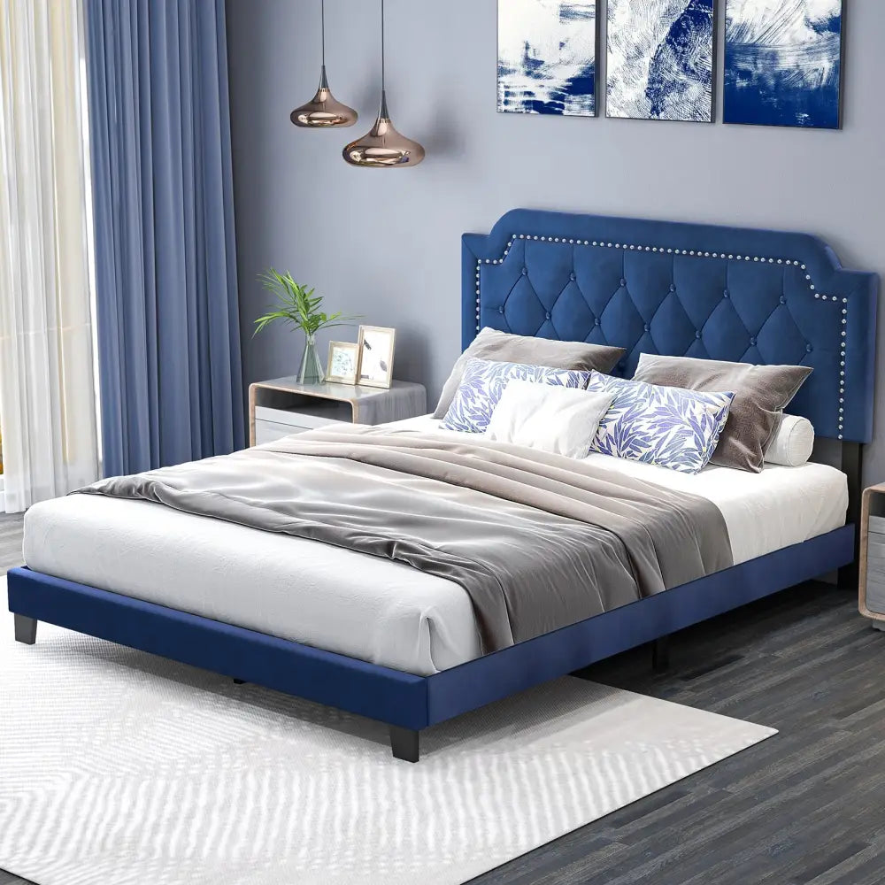 Queen Size Velvet Bed Frame with Button Tufted and Nailhead Trim Headboard-Queen Size - Blue - Simple Bed Frame