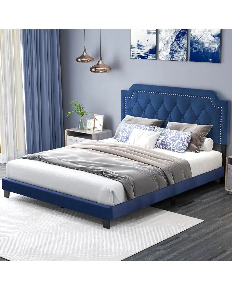 Queen Size Velvet Bed Frame with Button Tufted and Nailhead Trim Headboard-Queen Size - Blue - Simple Bed Frame