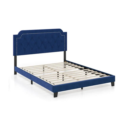 Queen Size Velvet Bed Frame with Button Tufted and Nailhead Trim Headboard-Queen Size - Blue - Simple Bed Frame