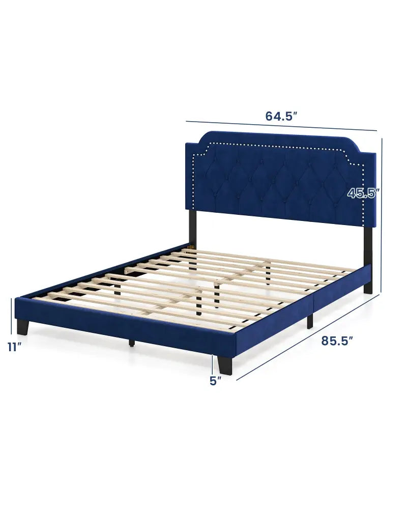 Queen Size Velvet Bed Frame with Button Tufted and Nailhead Trim Headboard-Queen Size - Blue - Simple Bed Frame