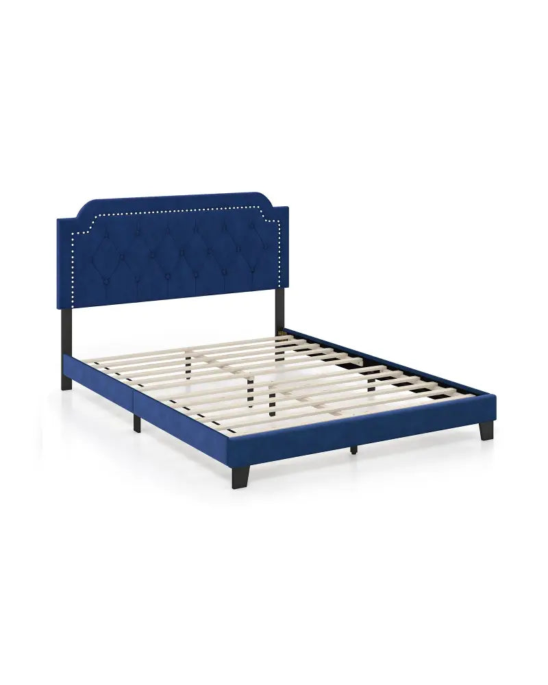 Queen Size Velvet Bed Frame with Button Tufted and Nailhead Trim Headboard-Queen Size - Blue - Simple Bed Frame