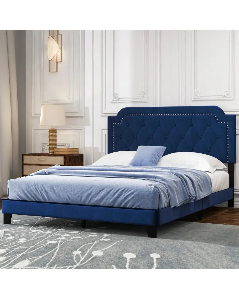 Queen Size Velvet Bed Frame with Button Tufted and Nailhead Trim Headboard-Queen Size - Blue - Simple Bed Frame